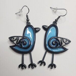 NWT 1970s Translucent Stained Glass Style Blue Bird Pierced Earrings Black Metal